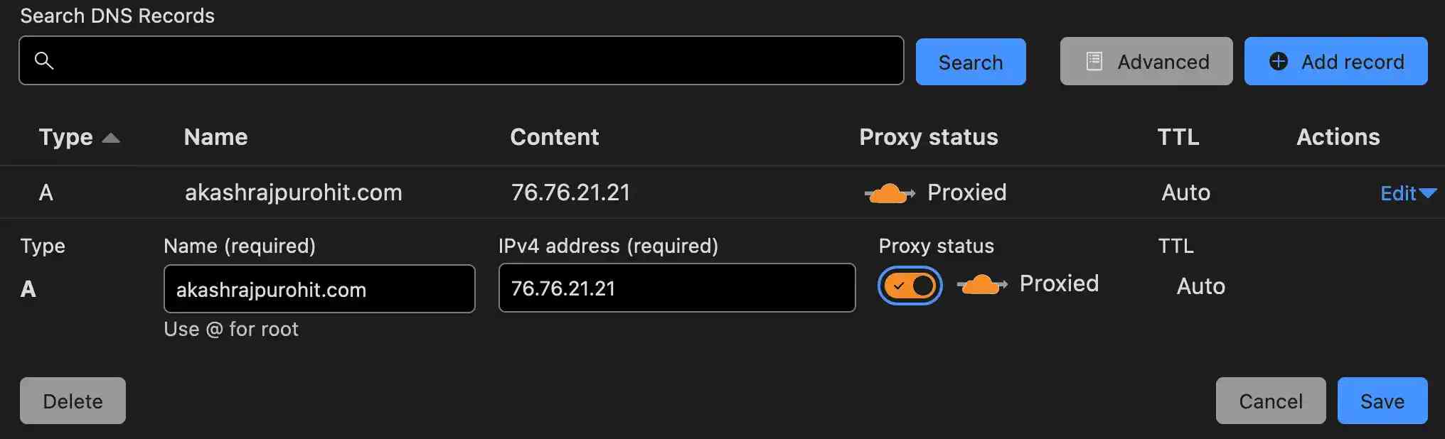 Cloudflare DNS settings for your root domain