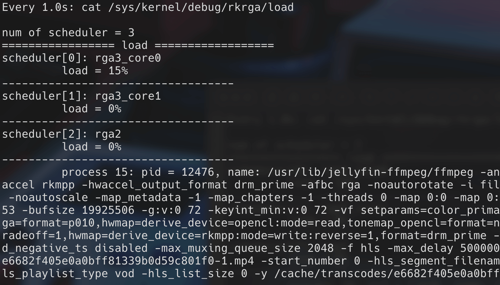 RGA engine stats when playing a 4K HDR video on Jellyfin with Transcoding enabled