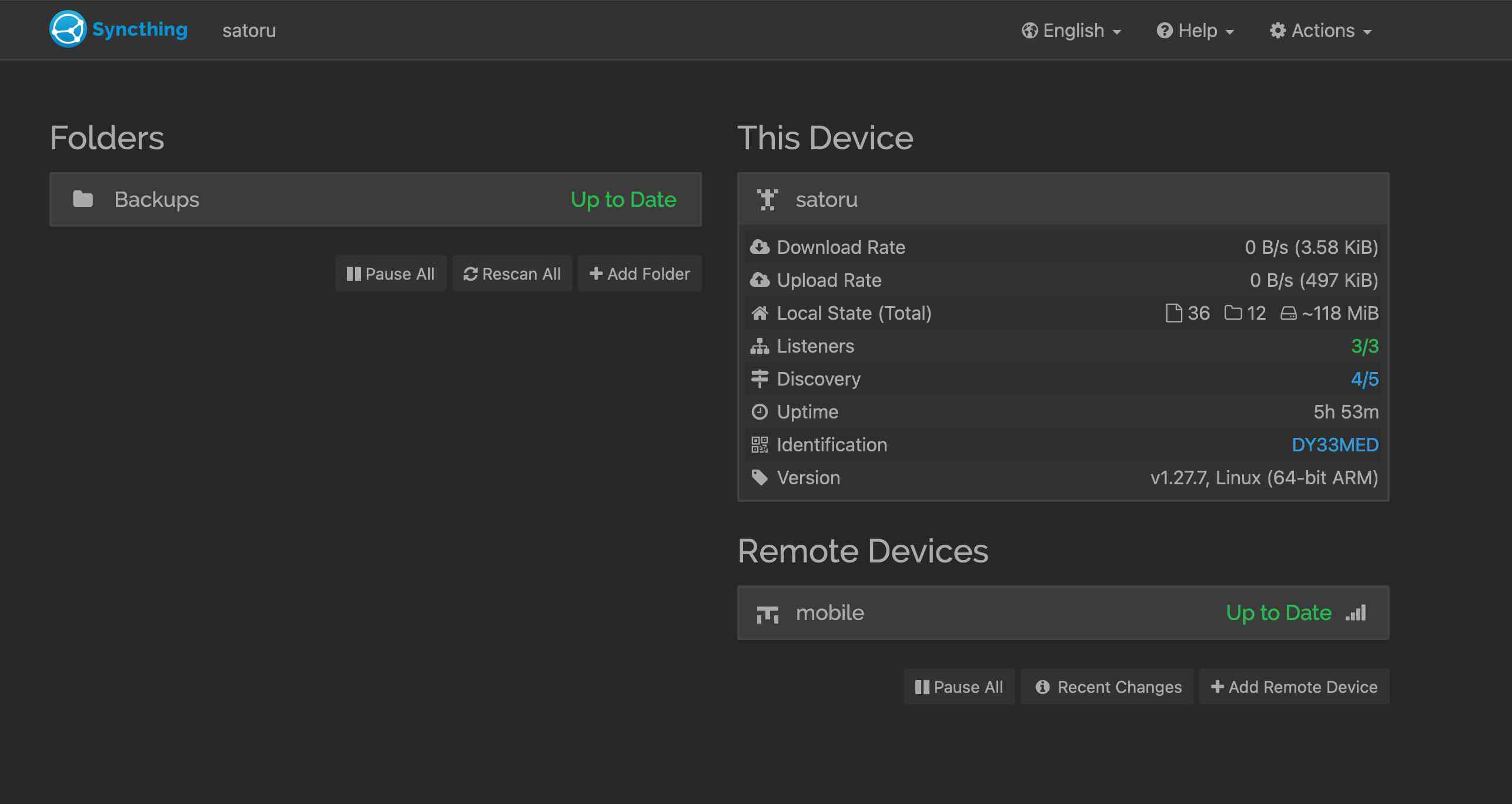 Syncthing screen of a server syncing backups from a mobile phone